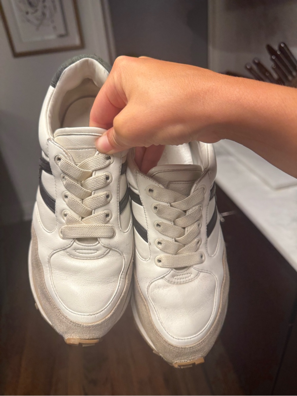 Veronica Beard Valentina White Sneakers with Tan Platform and Navy Accents - Picture 4 of 10